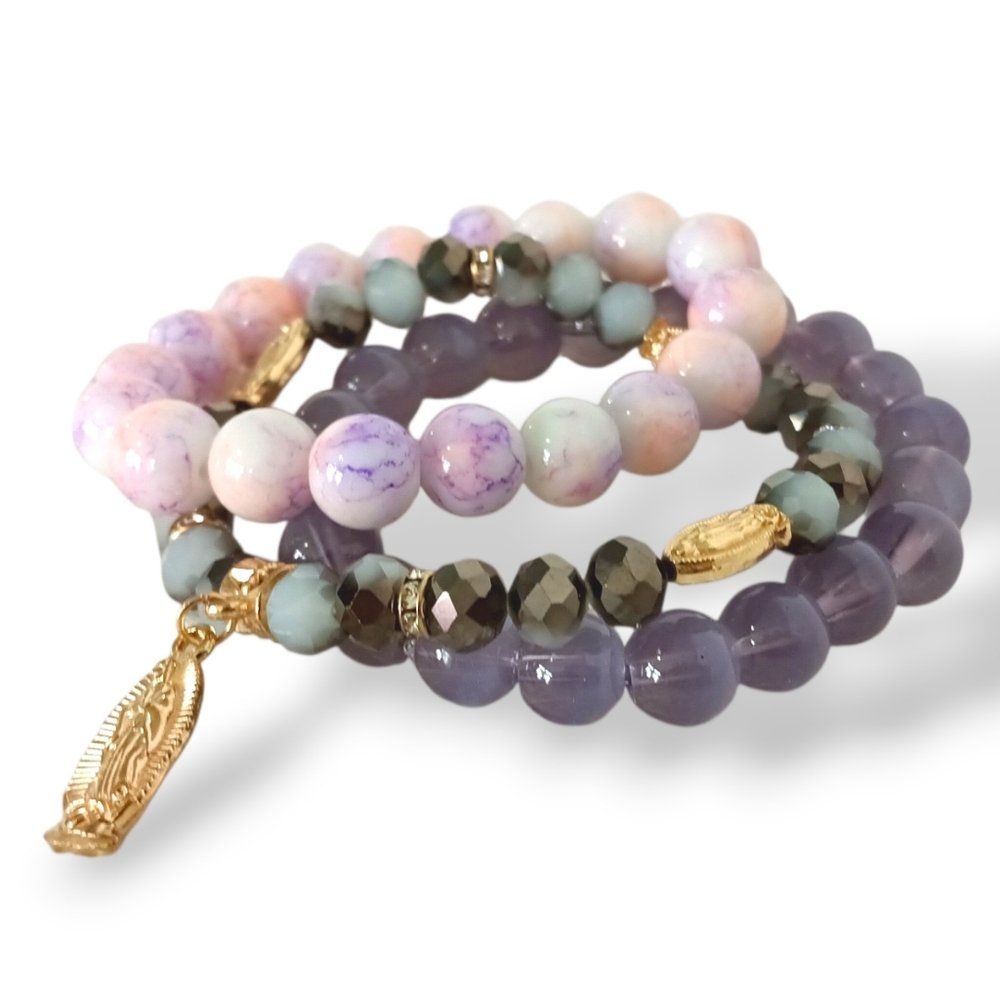 Purple Stone Beaded Charm Bracelets Mother Mary Catholic Orthodox Lilac Lavender